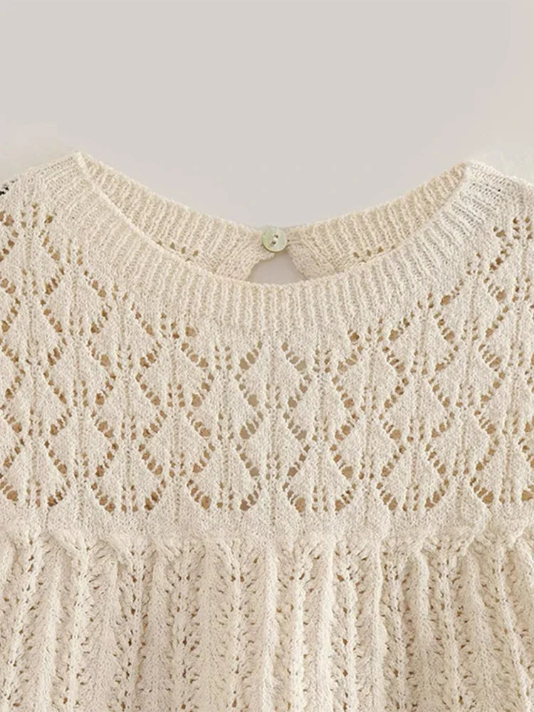 Women Knit Mesh Jacquard Skirts Sets Sweet Hollow Out O-neck Sleeveless Vest Top Summer A-Line Drawstring Mini Skirt Outfit
