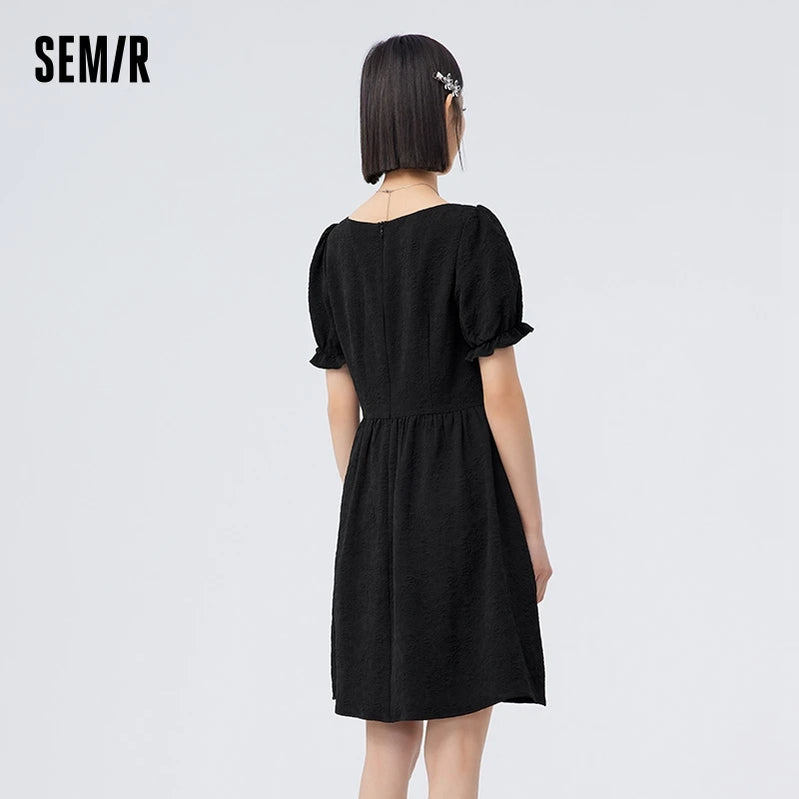 Dress Women Waist Stringy Selvedge Summer Romantic Puff Sleeves Square Neck Textured Floral Skirt
