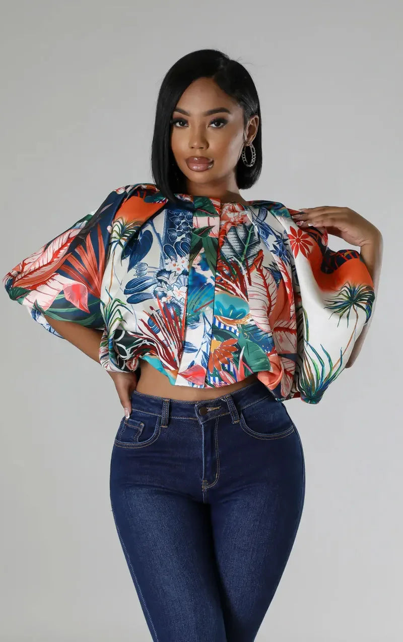 CM.YAYA Summer Street Women Shirts Fashion Ruched Short Puff Sleeve Mini Blouse 2024 Street Print Casual Holiday Shirts Tops