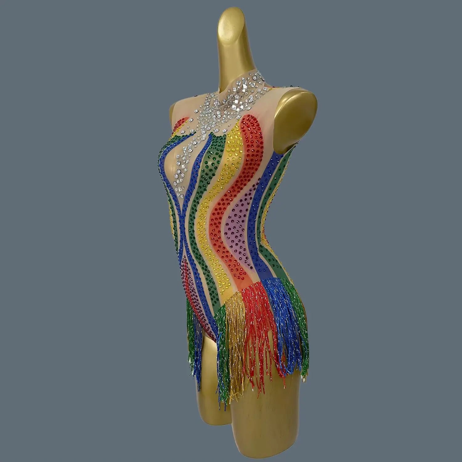 Colour Sparkly Rhinestone Bodysuit Women's Nightclub Stage Performance Costume Sheer Mesh Bodycon Sexy Bodysuit Caitiaogaocha