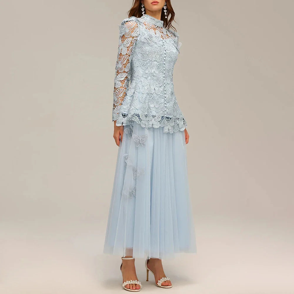 Solid Two Piece Sets for Women Stand Collar Long Sleeve Spliced Applique Top High Wasit Patchwork Mesh Skirt Female