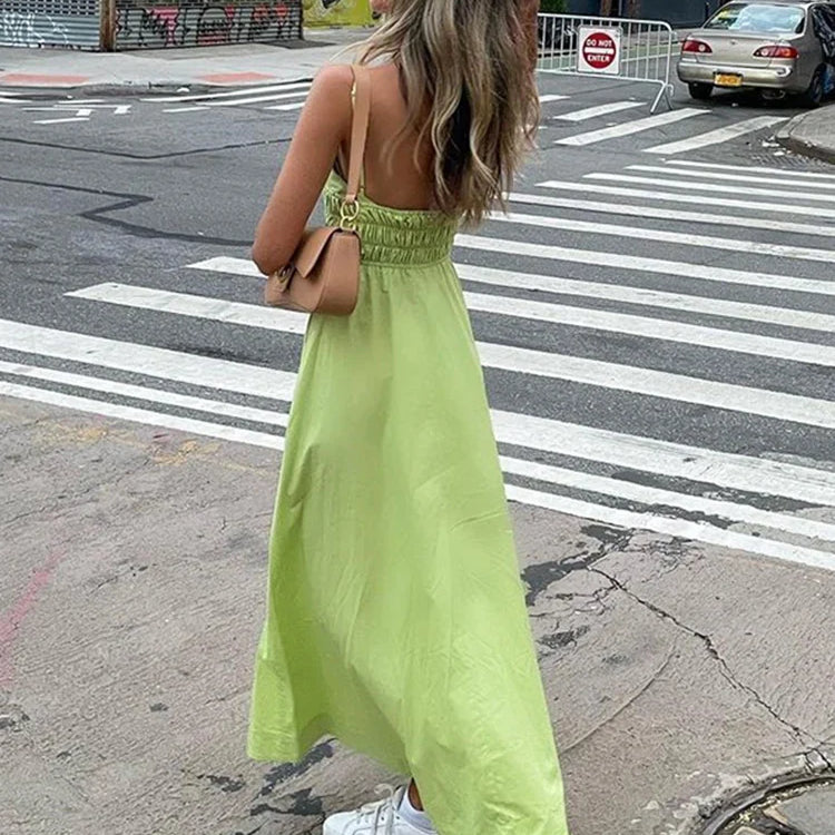 Foridol Elastic Smocking Green Cotton V Neck Summer Women's Dress Sleevless Long Green Maxi Casual Strapy Dress Solid Female