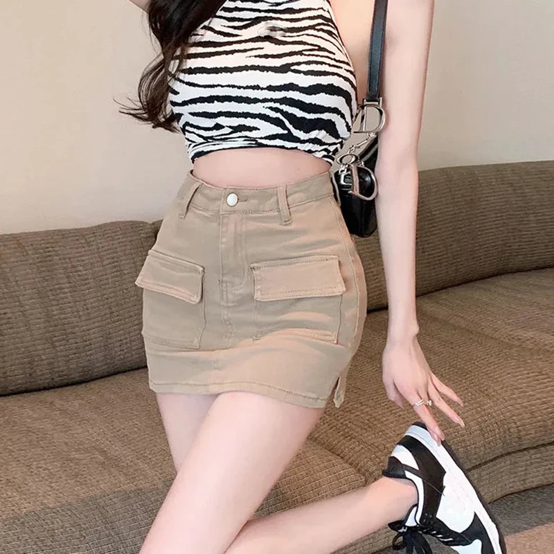 Korean High Wiast Denim Mini Skirt Women Sexy Hot Girl Tight Bag Hip Skirts Female Slim Anti-Glare Short Skirts Female Khaki