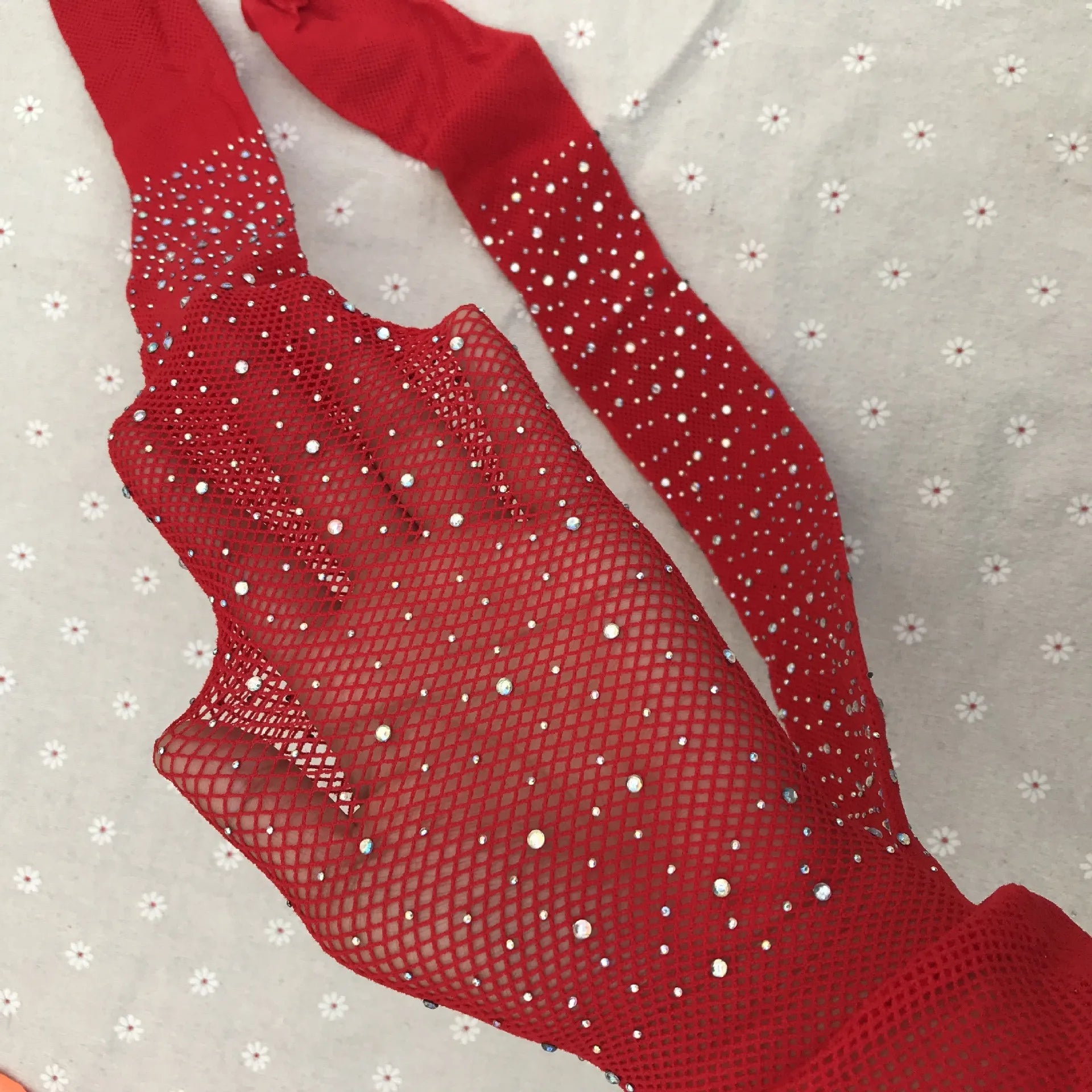 Summer Fishnet Diamond Pantyhose Women Sexy Fashion Shiny Net Tights Female Slim Rhinestone Mesh Nylon Stockings Tights Red One Size