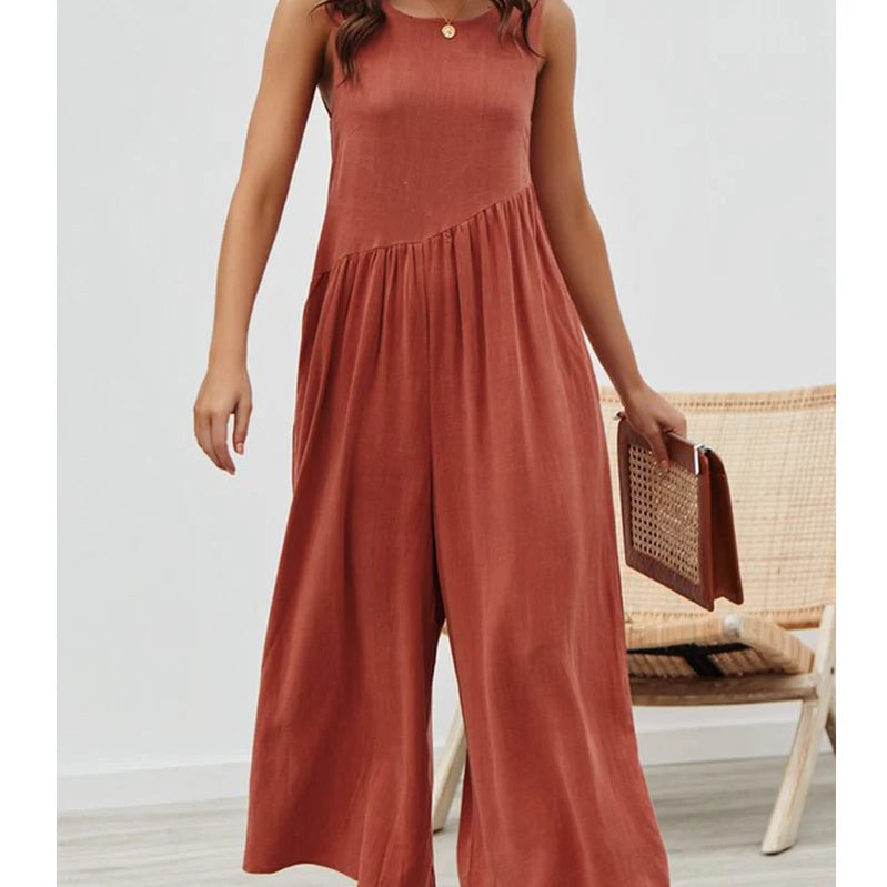 Women Casual Loose Long Jumpsuit Summer Solid Strap Wide Leg Jumpsuit Tie Up Backless Solid Color Vacation macacao feminino Brown