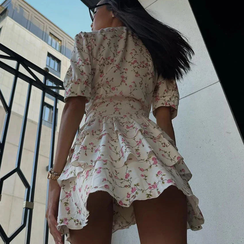 Clacive Summer Slim Print Women's Dress Sexy V-Neck Short Sleeve Mini Dresses Elegant High Waist Pleated Female Dress