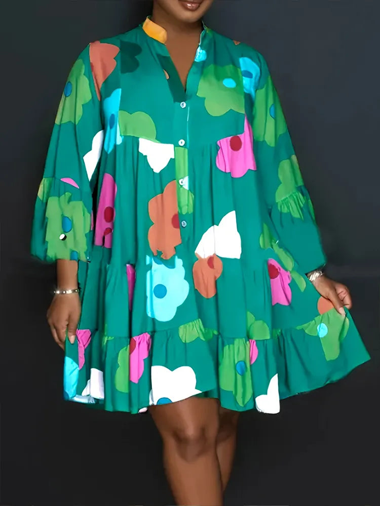 Plus Size Autumn New Floral Printed Women's Dresses,Casual Loose Button Fashion Streetwear Polyester V-Neck Pleated Dresses Green