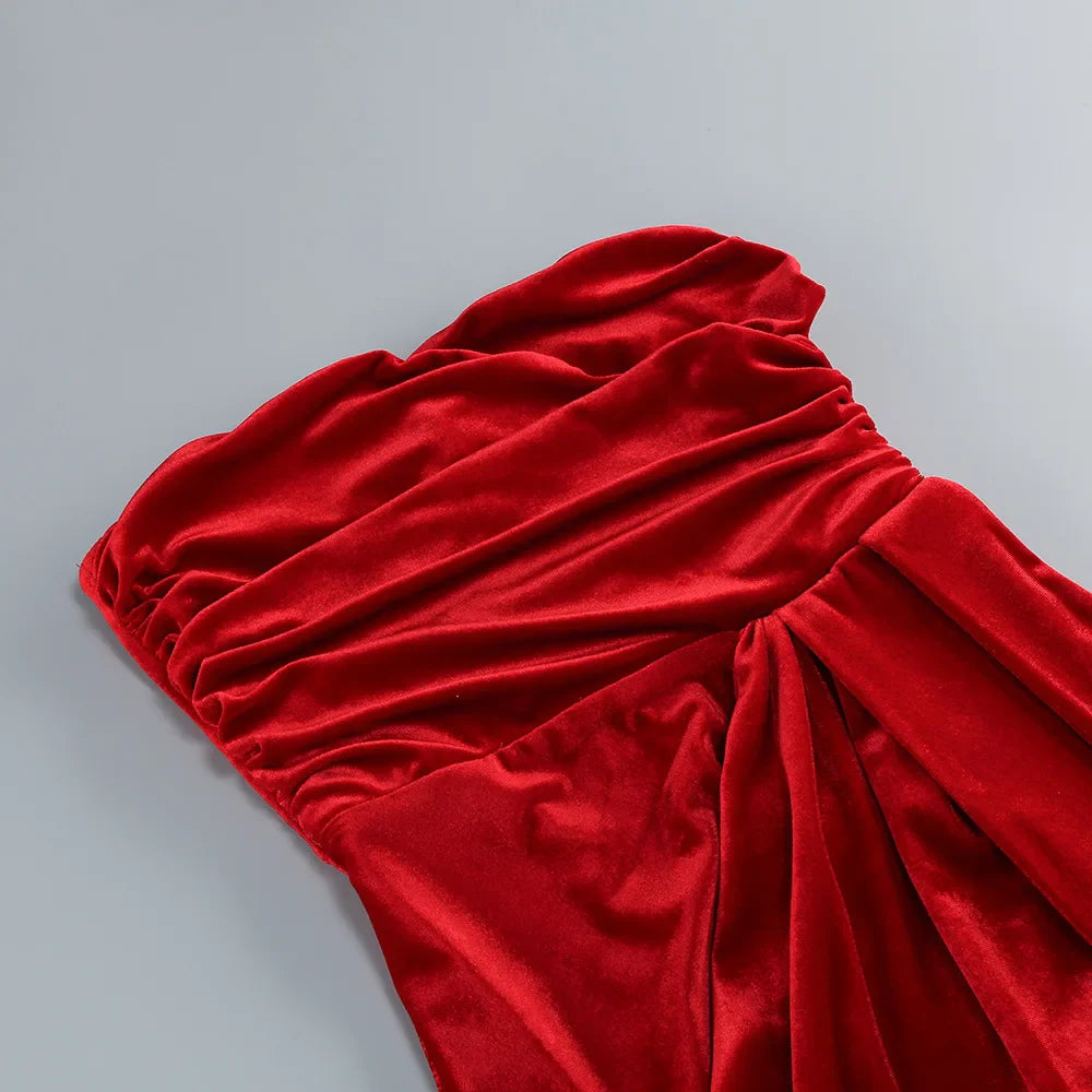 Spring Women Sexy Strapless Velvet Bodycon Long Dress Celebrate Fashion Evening Party Cocktail Outfit