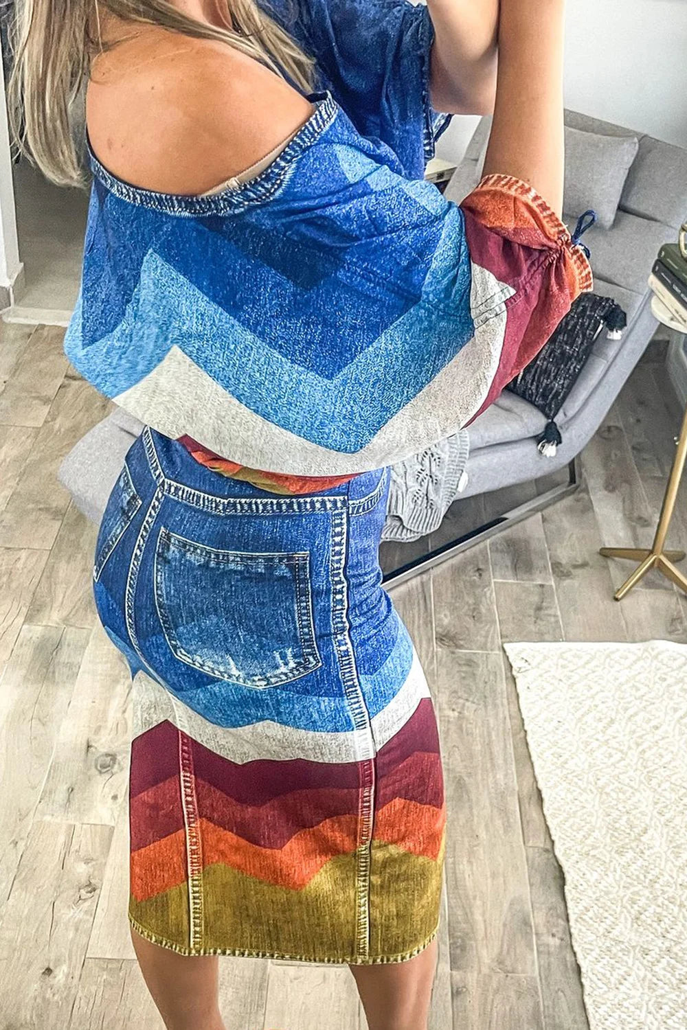 Plus Size Daily Blue Colorblock Round Neck Half Sleeve Split Denim Two Piece Skirt Sets