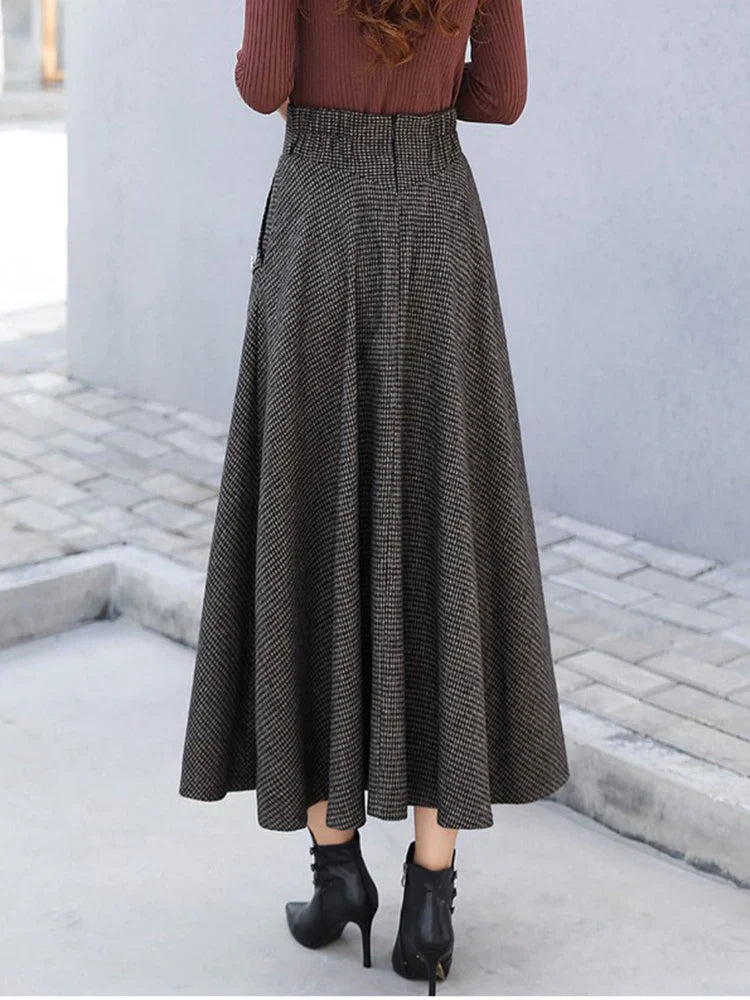 High Waist Vintage Houndstooth Plaid Warm Wool Long Skirt For Women 2023 Elegant Casual Big Swing A-Line Saias Longas Female coffee