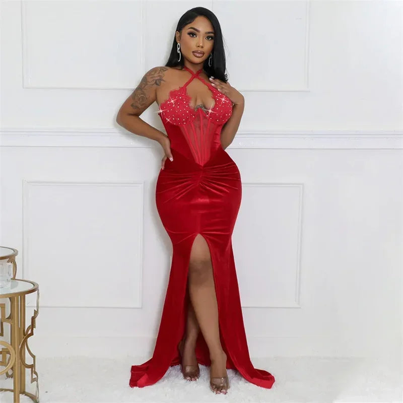 Halter Lace Up Women Lace Rhinestone Fish Bone Mesh Slim Elegant Long Velvet Party Dress Front Split Sexy Maxi Dress with Gloves Red