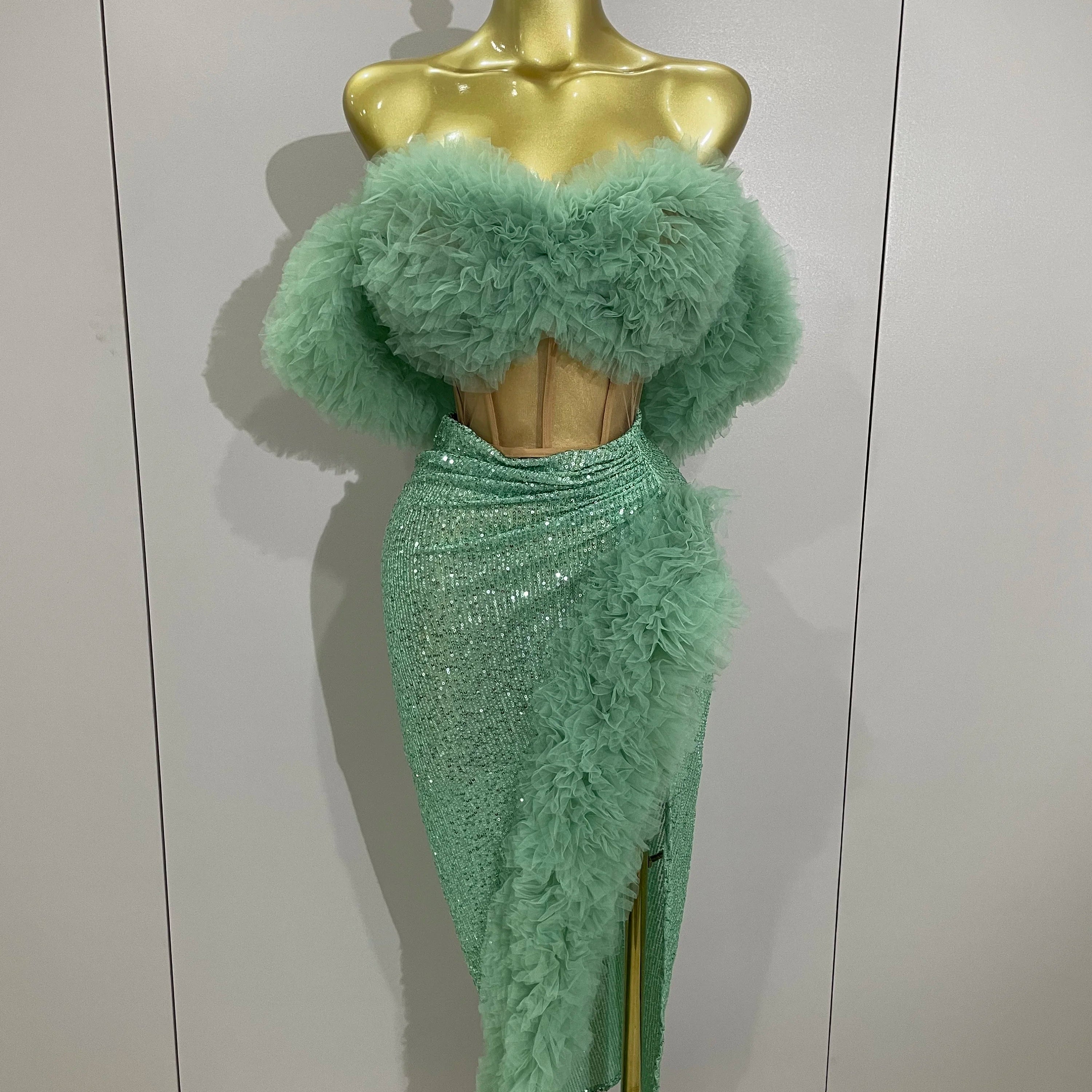 Shiny Sequins Top Short Skirt Two Pieces Set 2025 Women Sexy Celebrate Evening Prom Birthday Party Dress Nightclub Stage Outfit