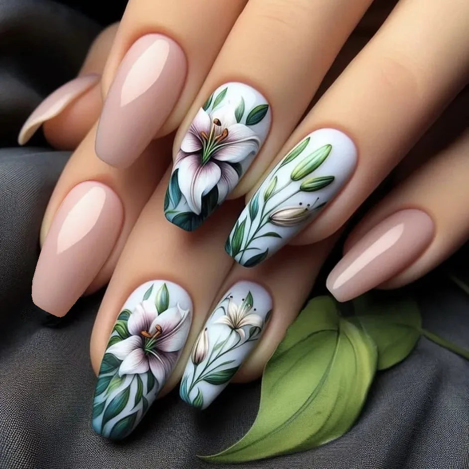 24pcs/set Meduim long fake nails for women peach flowers heart for Spring summer Square faux ongles press on false nail art tips