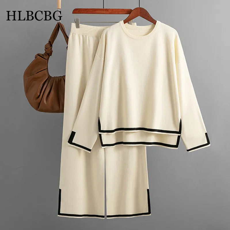 HLBCBG Knitted Women's Trousers Suit Two Piece Set Beige Winter Loose Long Sleeve Knitwear Flare Pants Sets Female Casual Suits