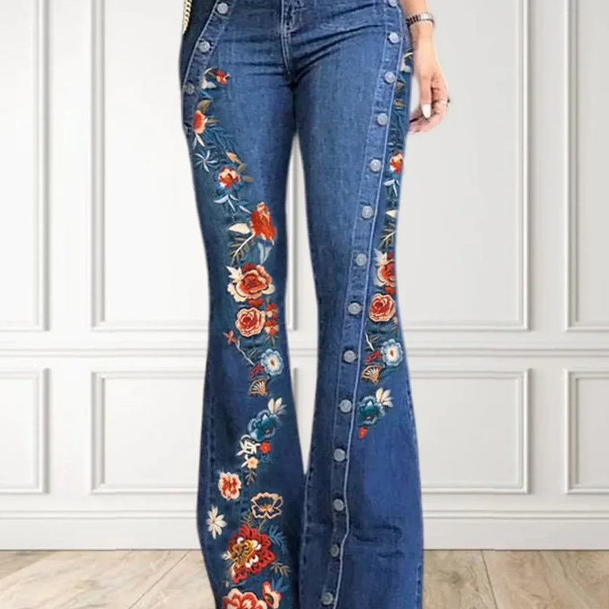 Plus Size Women Jeans Plain Button Decor Flare Leg Long Denim Pants Floral Embroidery Female High Waist Button Wide Leg Jeans Blue
