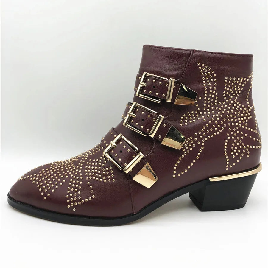 Women's Ankle Boots Rivet Flower Susanna Studded Cowboy Boots Genuine Leather Luxury Shoes Ladies Botines Mujer