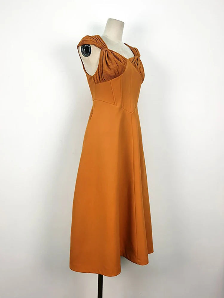 DEAT Women's Dress Bowkont Square Collar Pleated Sleeveless Waist Backless Casual Dresses Spring New Fashion 13DB3266