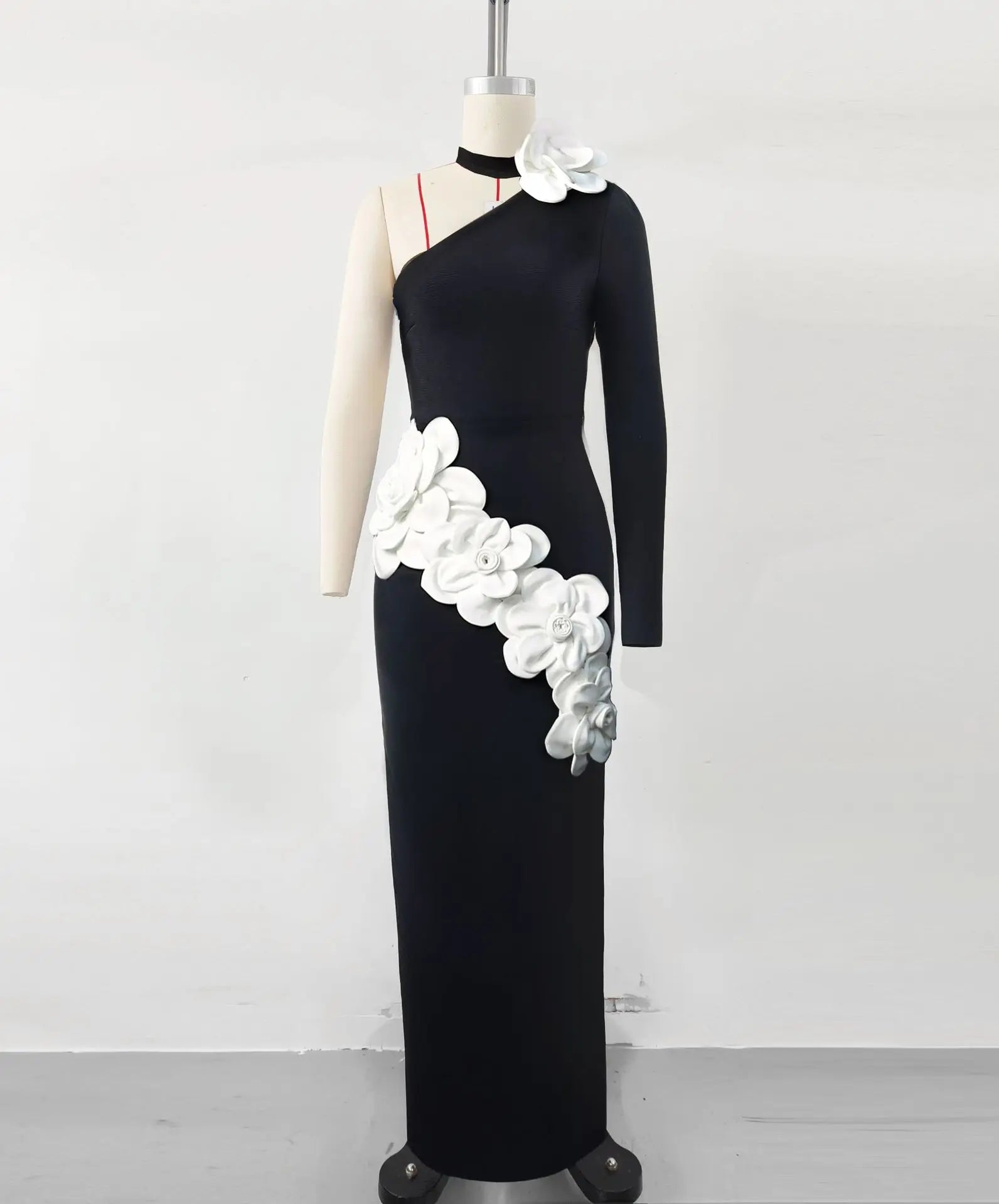 High Quality Women Sexy One Sleeve White Florals Bodycon Long Bandage Dress Fashion Nightclub Party Cocktail Outfit Vestido