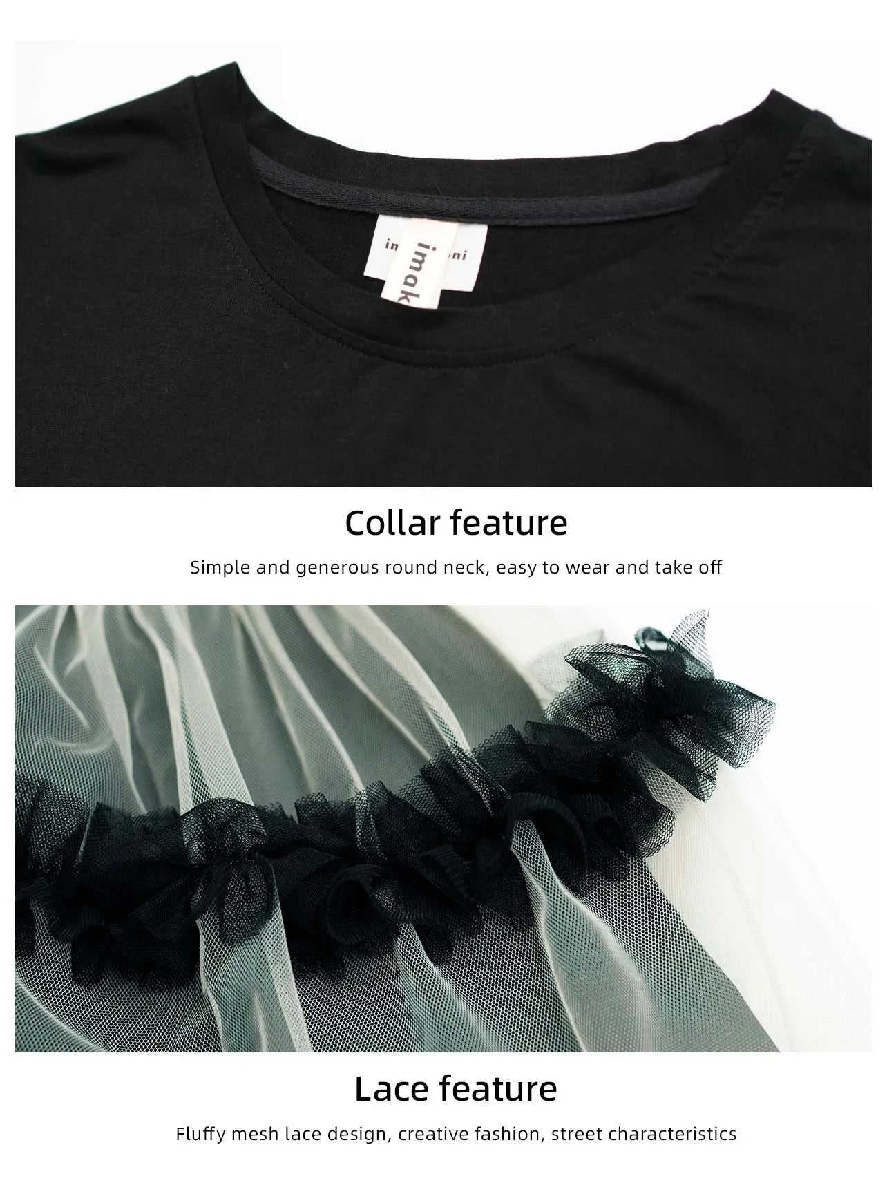 IMAKOKONI Original Design Black Short Sleeve Dress Mesh Splice Casual Loose Fit Dress 234147