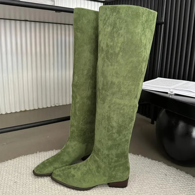 Low Heel Pleated Boots Autumn Winter New Square Head Knee Length Long Boots Suede Women's Shoes Black Beige Green Gray army green