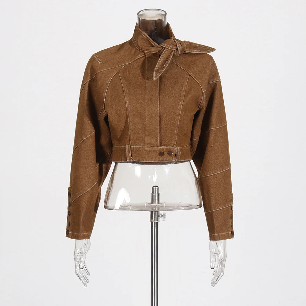 TWOTWINSTYLE Fashion Two Piece Set for Women Stand Neck Long Sleeve Spliced Button Coat High Waist Pants Female Temperament New