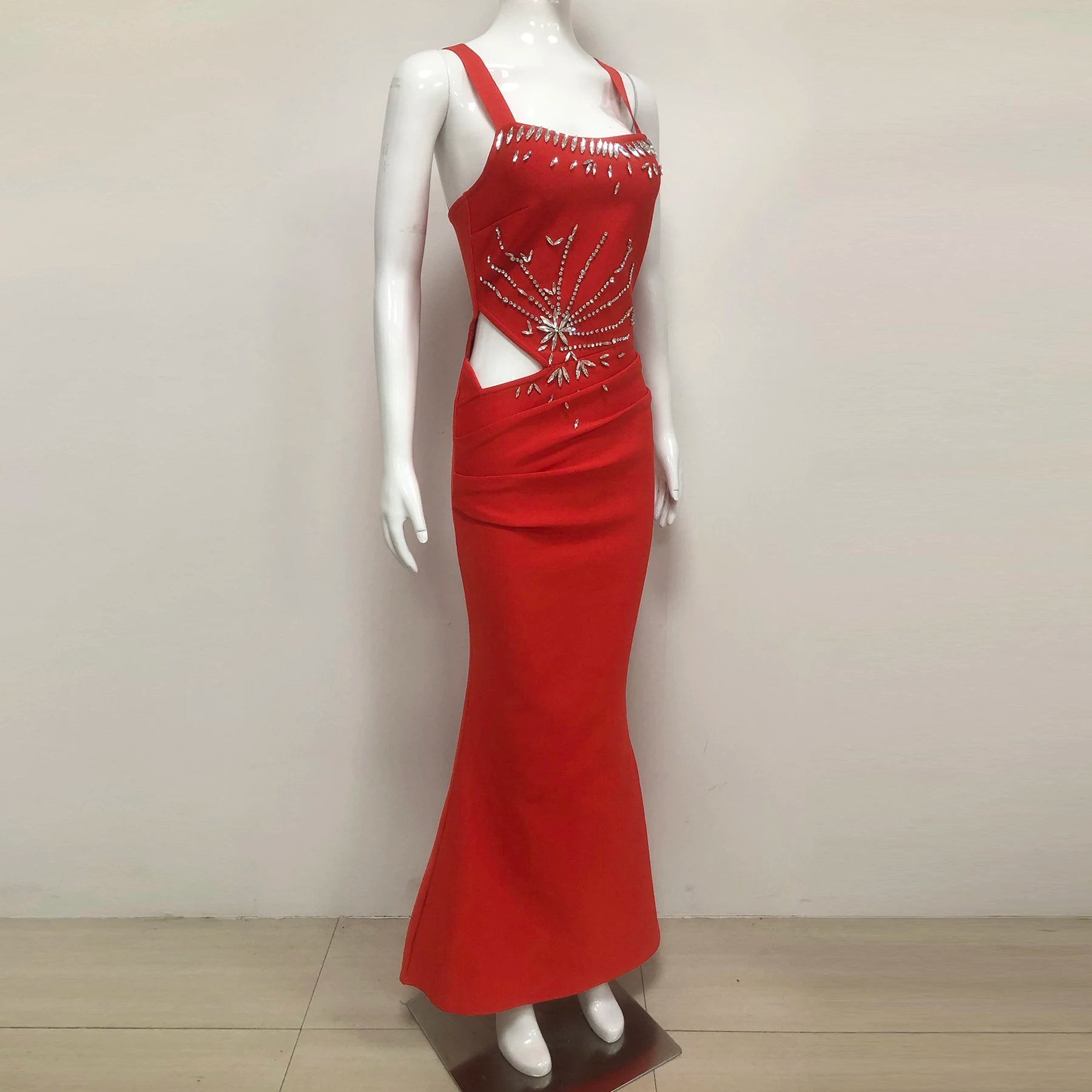 Vestido longo bandagem brilhante de cristal, sem mangas, sexy, gola quadrada, bodycon, festa noturna, novo, 2025