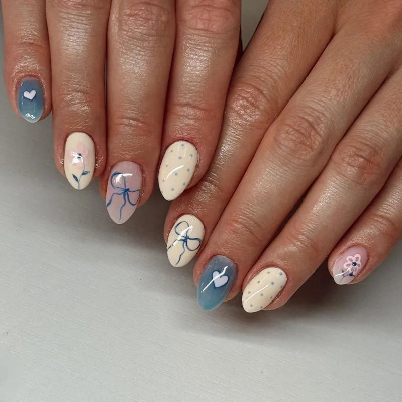 24Pcs Simple White Fake Nail Tips with Flower Bow Polka Dot Design Short Round Head Press on Nails Detachable Blue False Nails