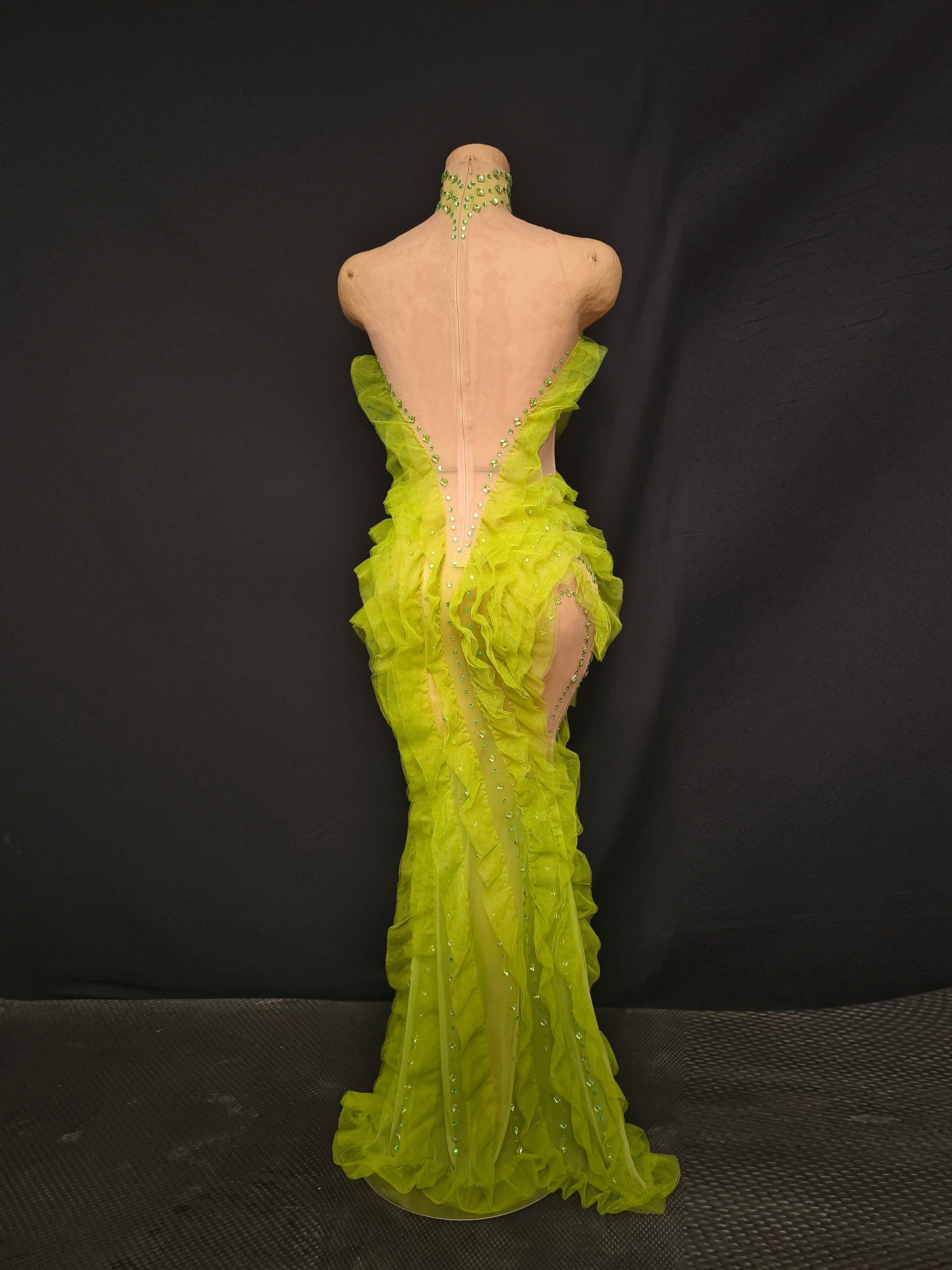 Women Sexy Mesh Crystal Fancy Maxi Dress See Through Neon Green Party Singer Party Costume Stage Performance Dress