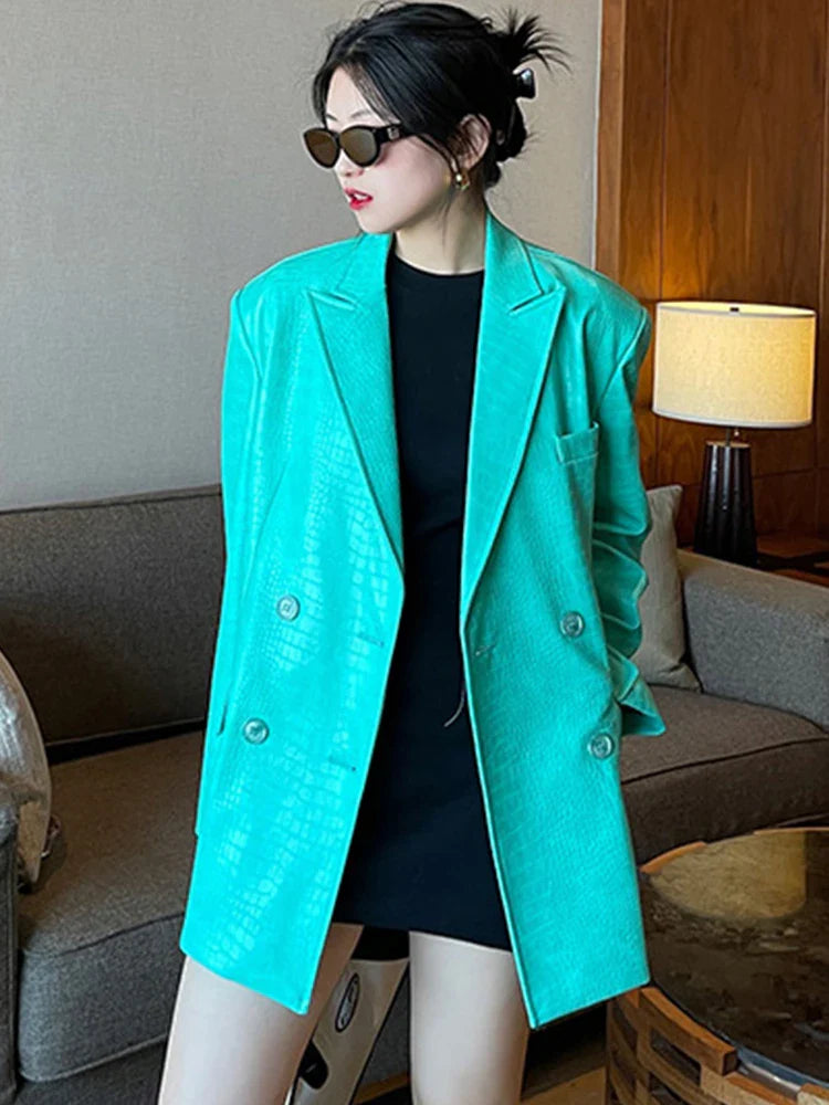 Autumn Oversized Shiny Purple Crocodile Pattern Faux Leather Blazer Women Long Sleeve Double Breasted Y2K Jacket Fashion Lake green
