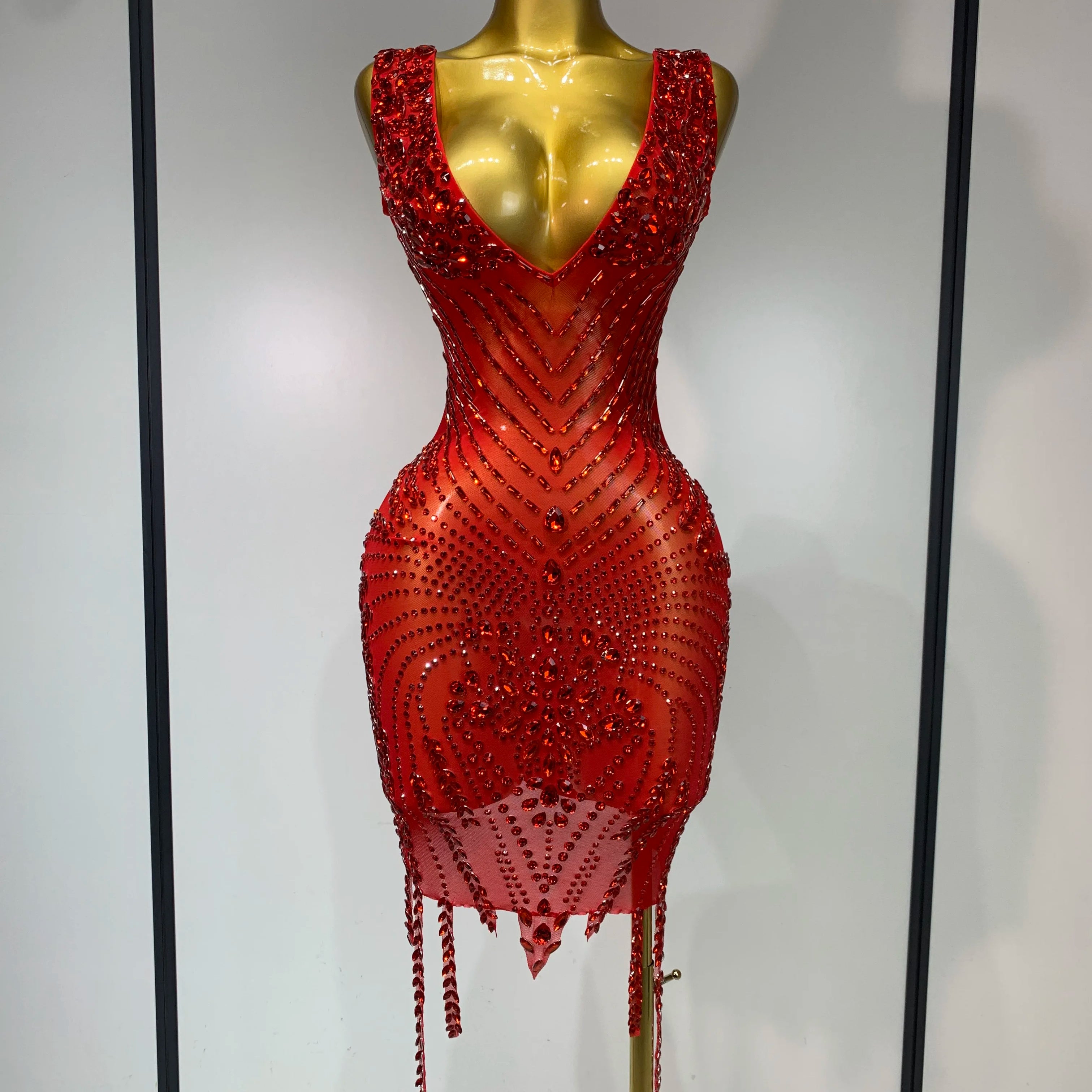 Sparkly Rhinestone Mesh See Through V Neck Dress Women Sexy Performance Stage Costume Evening Party Club Luxury Birthday Outfit