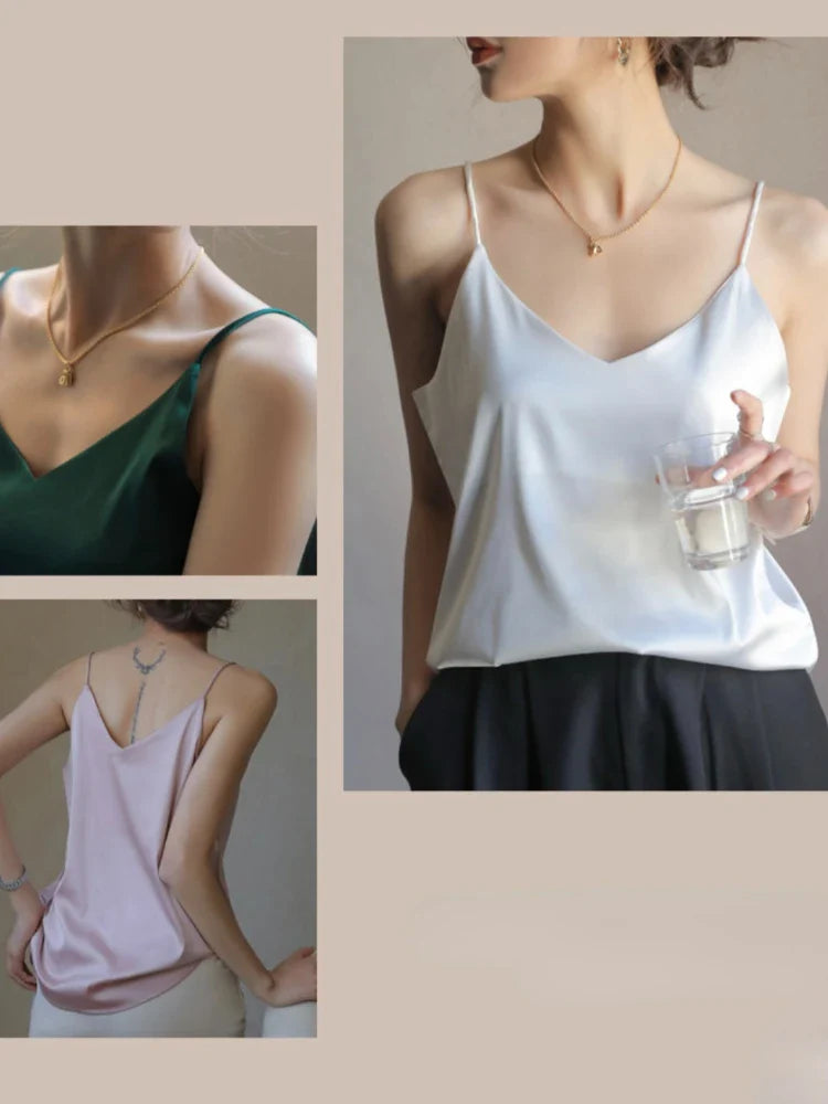 Grey Camisoles for Women Acetate SATIN Loose Summer Spaghetti Strap Tank Top Solid V-neck Fashion Sexy Backless Tanks & Camis