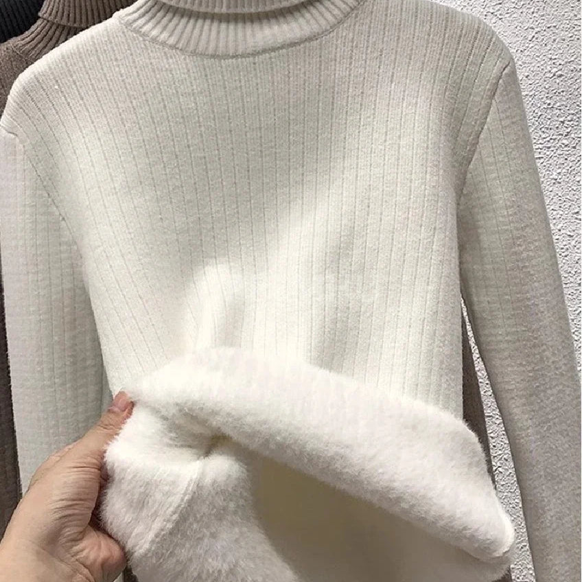 Warm Knit Pullover New Thicken Turtleneck Sweater For Winter Women Casual Slim Plush Lined Soft Long Sleeve Knitwear Jumper Tops striped white