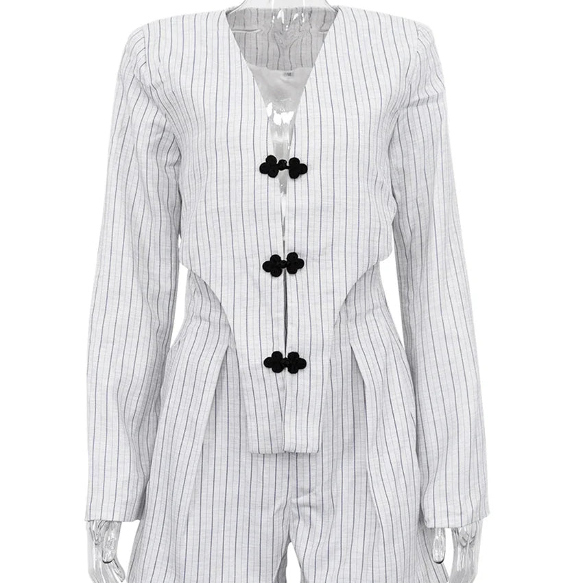 Clacive Fashion Stripe Print 2 Piece Sets Women Elegant Slim Long Sleeve Irregular Top With High Waist Shorts Set Streetwear