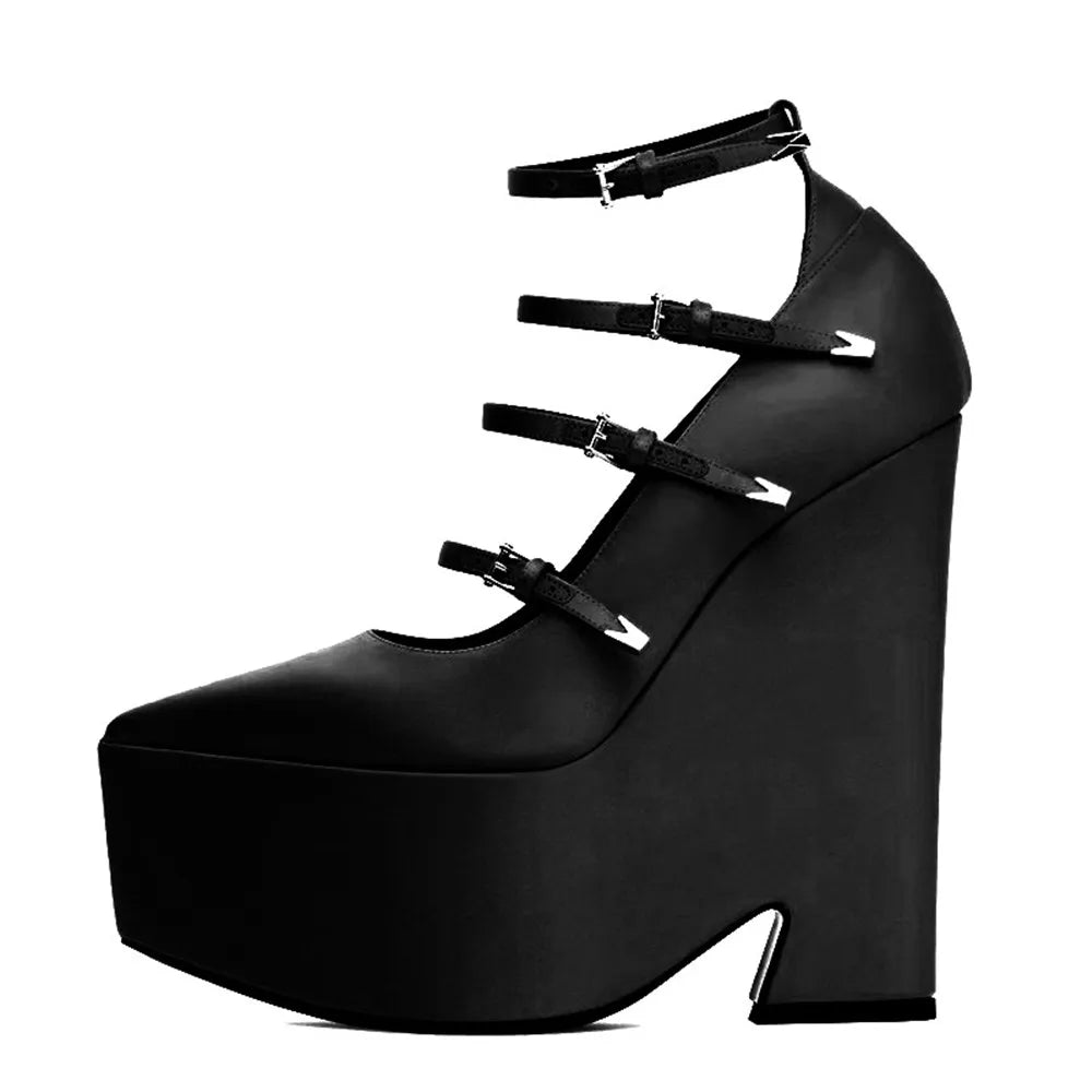 YJXKJY 2023 Spring Autumn Women's Shoes Super High Heel Party Fashion Mary Jane Thick Sole Buckle Show Nightclub Ladies Shoes Black satin