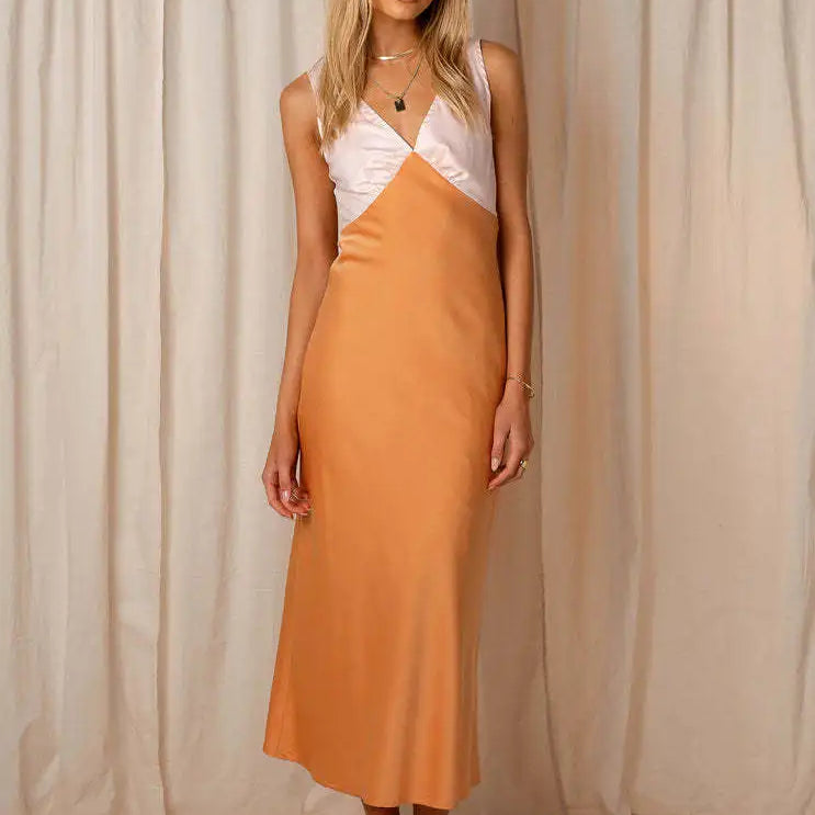 Floral Print Female Long Dress High Waist Lace-up V-neck Slim Sleeveless Fashion Sundress Casual Summer Dress Vestido Robe 618 orange