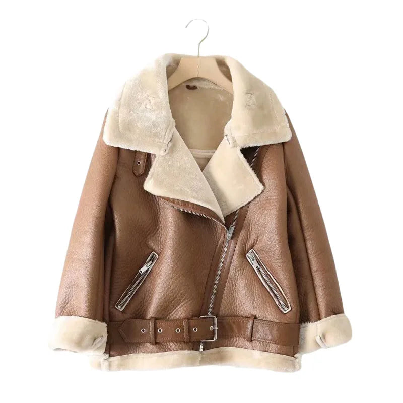 Women Fall Winter New Fur Integrated Thermal Jacket Coat Faux Leather Long-sleeved Lapel Padded Warm Chic Female Outerwear Brown