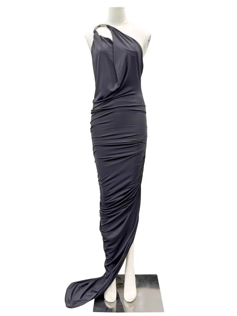 TWOTWINSTYLE Solid Slimming Spliced Folds Irregular Dresses for Women Diagonal Collar Sleeveless Split Dress Femlae Clothing New