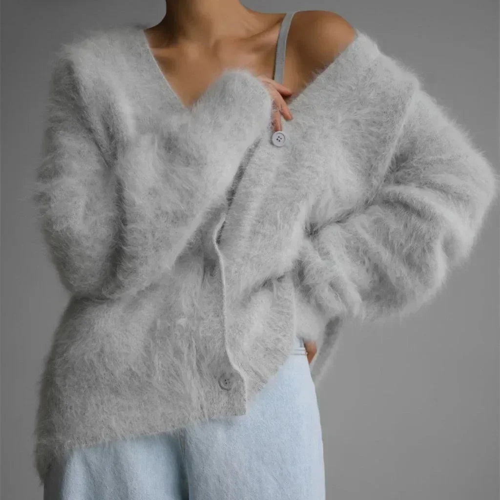 Cross-border hot autumn/winter imitation sable woman lazy loose sweater coat soft long-sleeved knitwear woman Light Gray