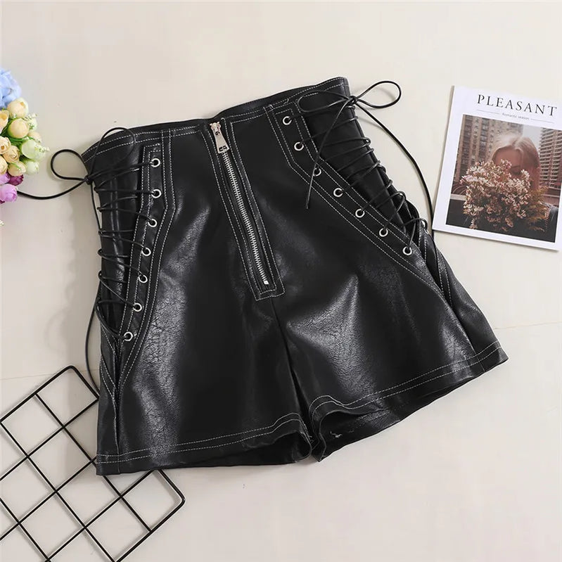 Autumn Women PU Shorts Tie Bow Bandage High Waist Shorts Casual White Black Leather Shorts Ladies All Match Wide Leg Shorts