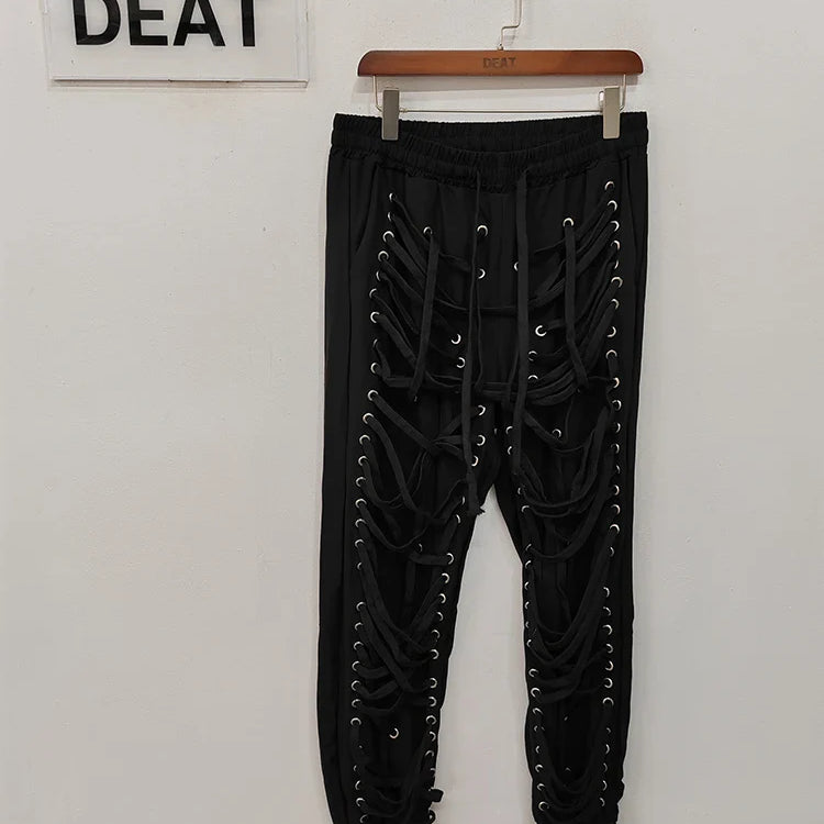 DEAT Autumn Elastic Drawstring Cross Full Length Slim Feet High Street Pants Trousers And Single Breasted jackets WN151 black