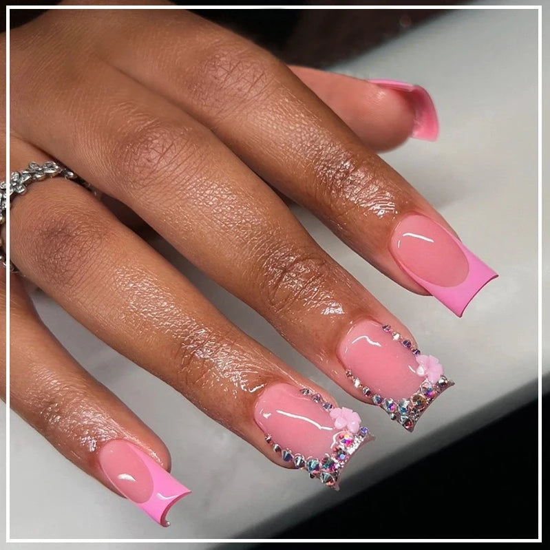 24pcs/Box Press on Nails French Square Head with Flowers False Nail Wearable Glitter Diamond Fake Nails Full Cover Nail Tips Art