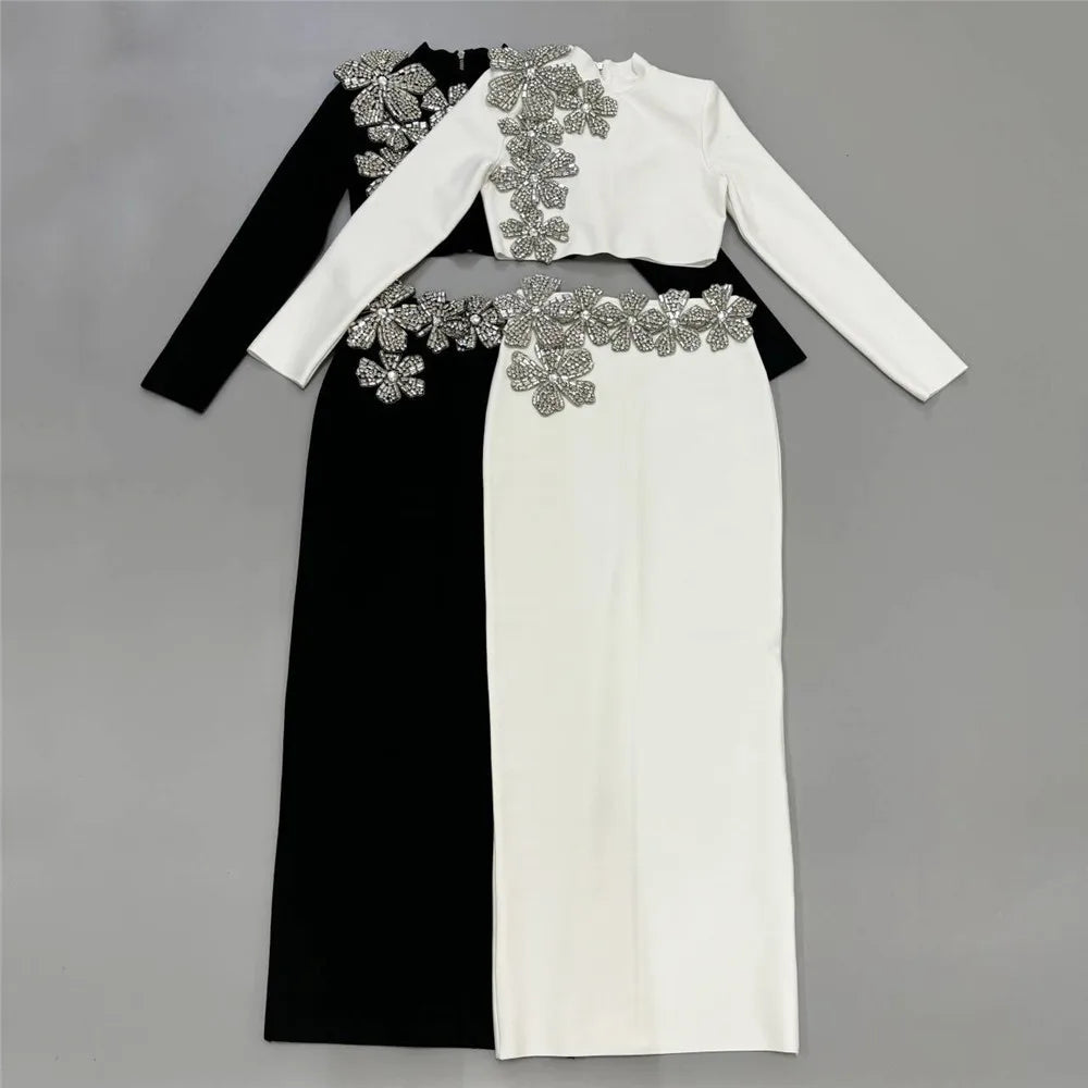 Vestido longo justo preto feminino, manga longa, sexy, com flores de diamante, 2 peças, bandagem, para festa em boate