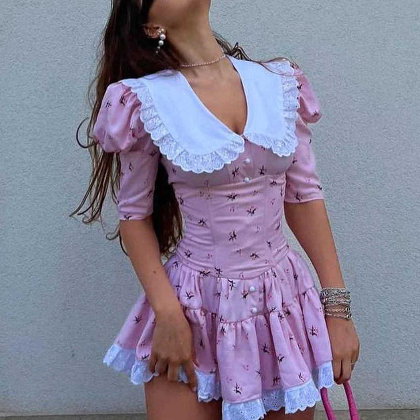 Clacive Summer Slim Print Women'S Dress Bodycon Doll Collar Short Sleeve Mini Dresses Elegant Lace Patchwork Female Dress Pink CN