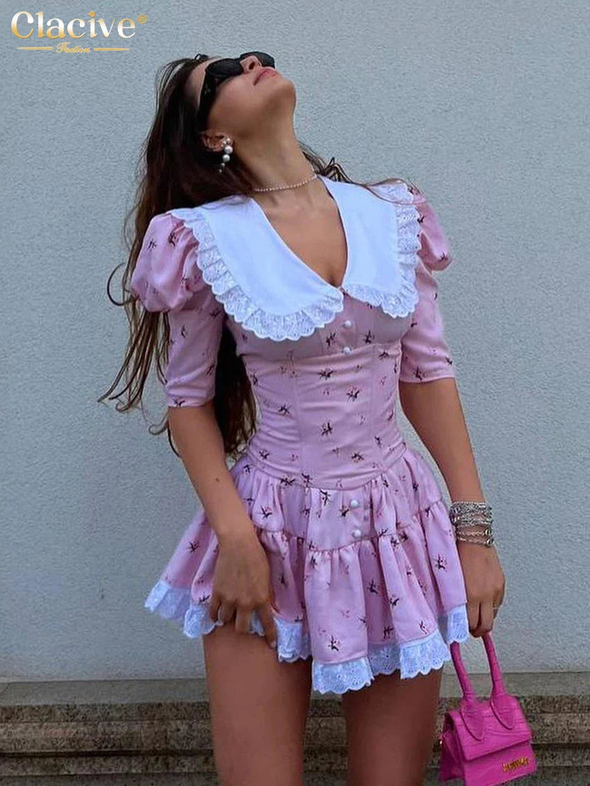 Clacive Summer Slim Print Women'S Dress Bodycon Doll Collar Short Sleeve Mini Dresses Elegant Lace Patchwork Female Dress Pink CN