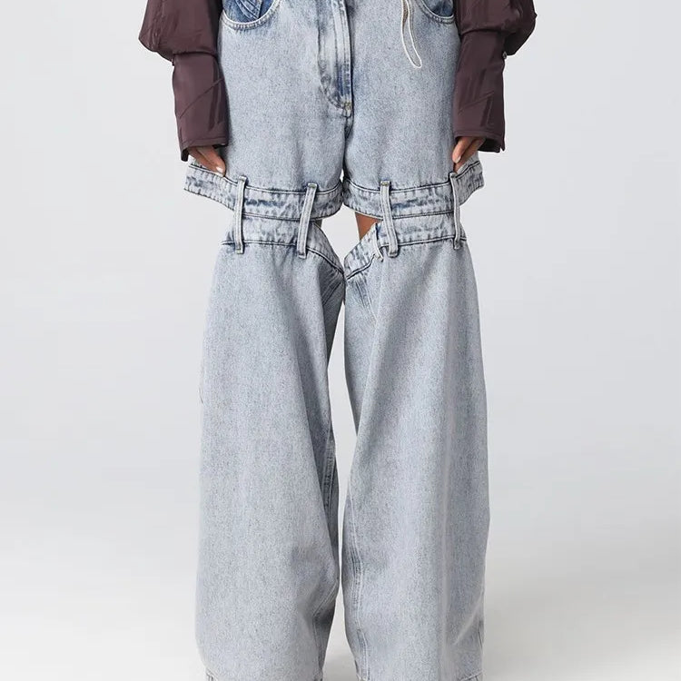 Spliced Zipper Hollow Out demin Jeans For Women High Waist Patchwork Pockets Wide Leg Jean Female Fashion Clothing