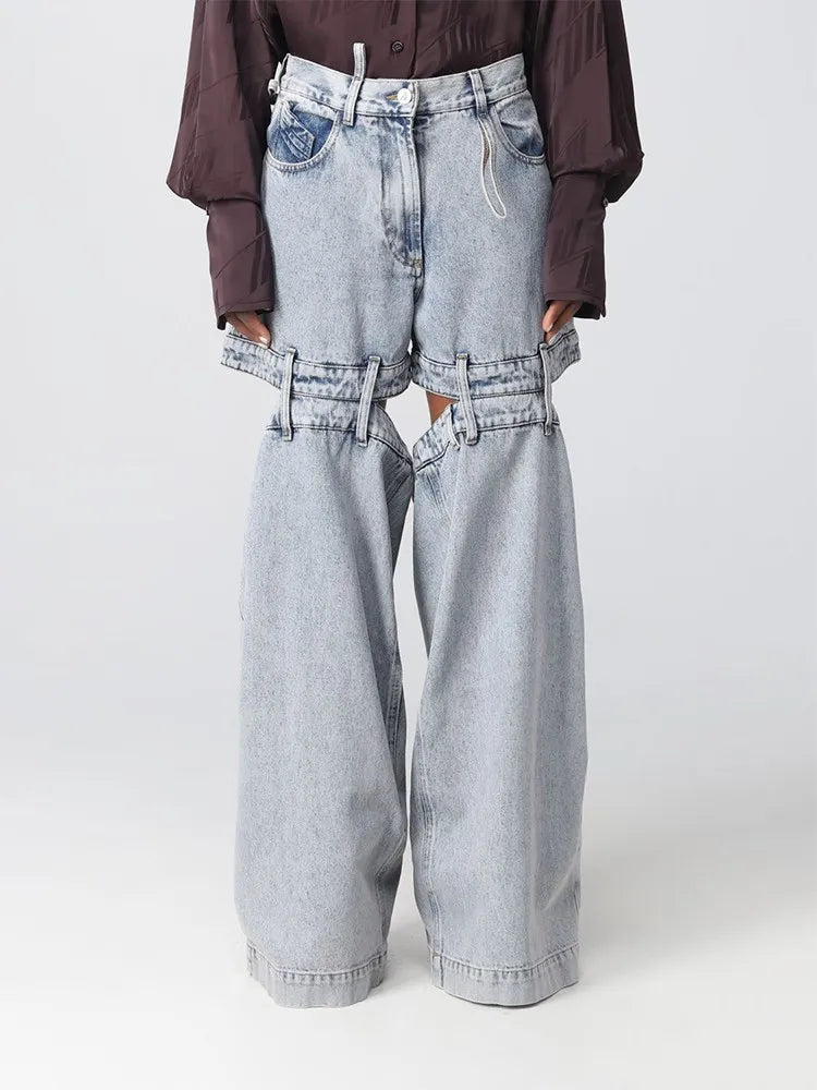 Spliced Zipper Hollow Out demin Jeans For Women High Waist Patchwork Pockets Wide Leg Jean Female Fashion Clothing