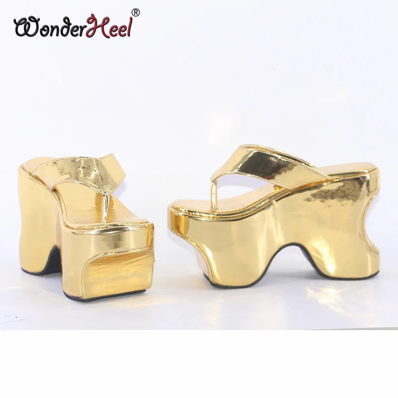 Wonderheel Summer 12cm Height Increasing Heels Platform Japanese Modern Women Sandals Mirror Leather Slip On Big Size Yellow