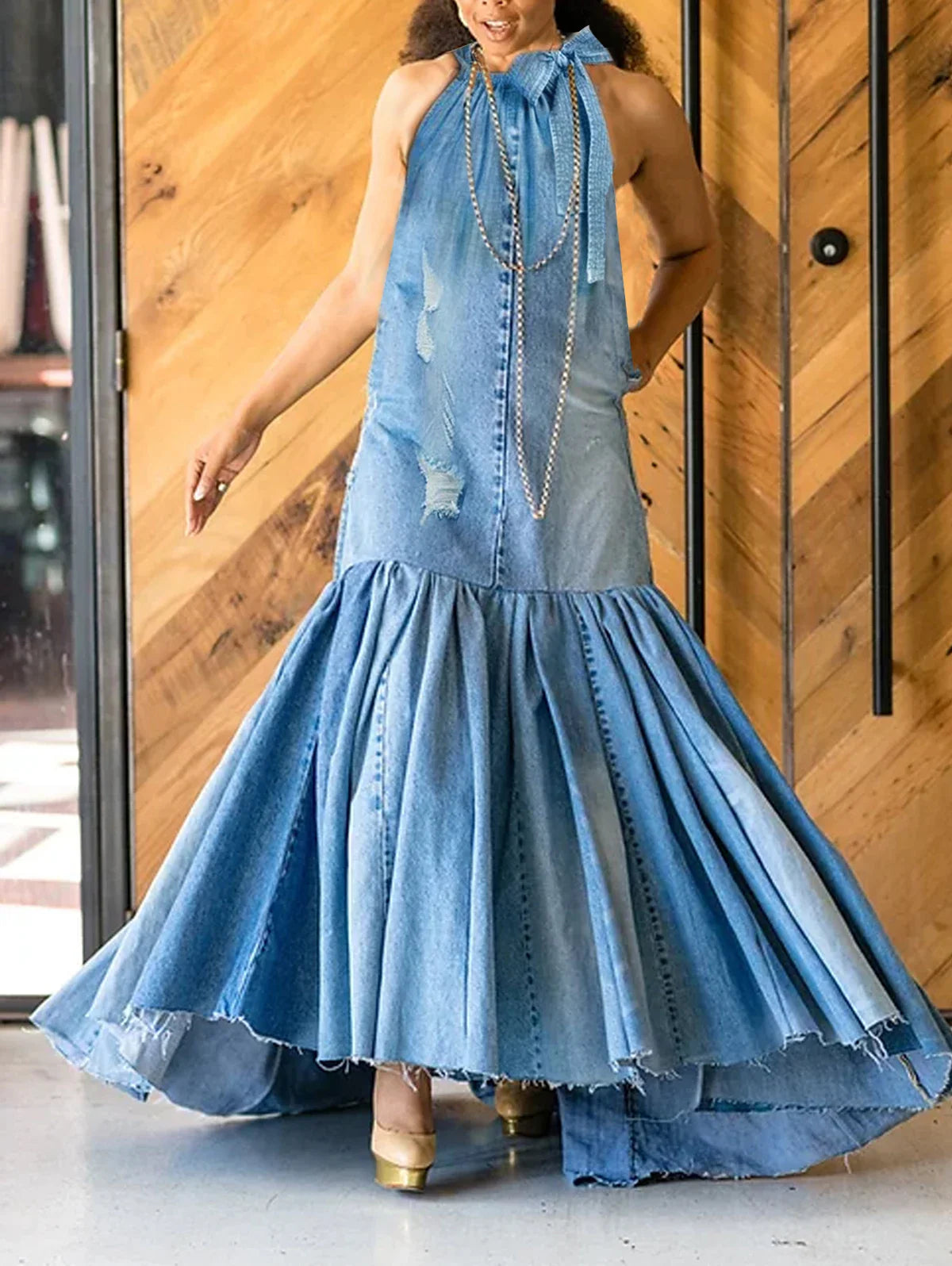 PLUS SIZE Fashion Denim Long Dress Sexy Women Bow Halter Swing Sundress Holiday Sleeveless Robe Casual Loose Mermaid Maxi Dress Blue CHINA