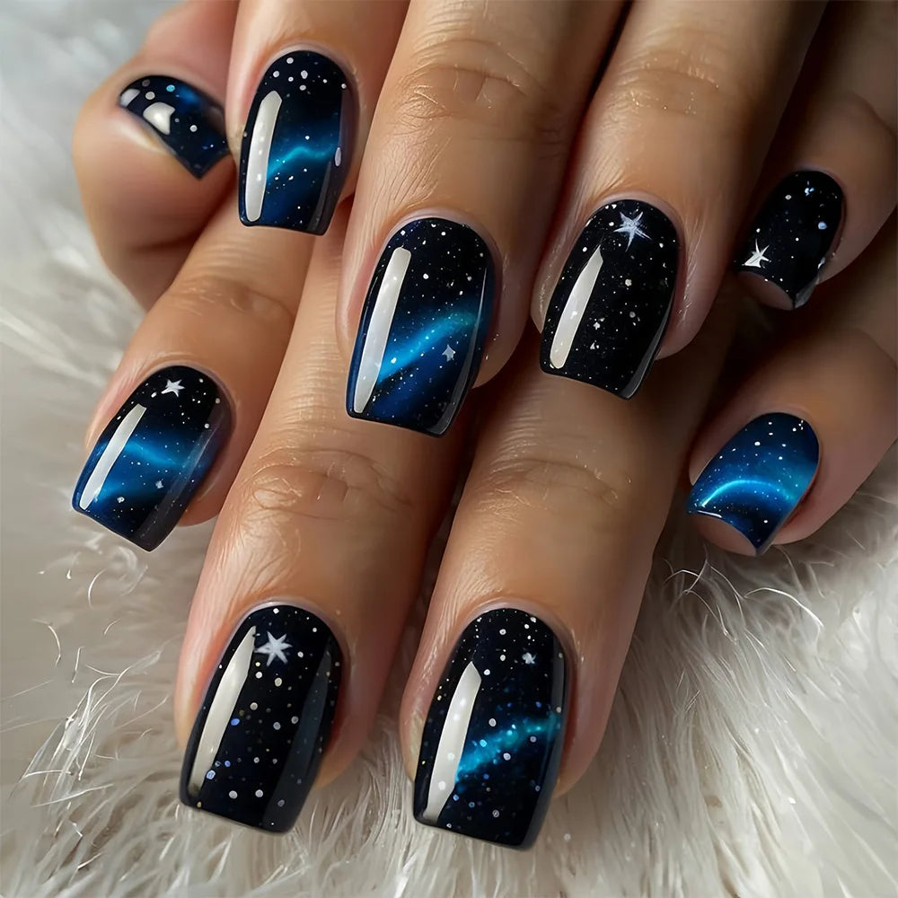 Shiny Blue Fake Nails 24Pcs Short Square Press On Nails Sparkly Gold Star Designs Reusable Acrylic False Nails Tips for Woman