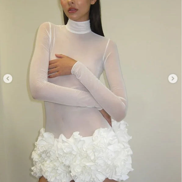 2024 New Sexy Mesh See through Stereoscopic Flowers Red Mini Evening Dress Sweet Woman Birthday Party Dress Performance costume